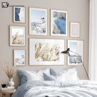 Aegean Sea Santorini Windmill Landscape Painting Travel Poster Canvas Print - Nordic Wall Art Picture - Modern Living Room Decor-งานศิลปะคุณภาพสูงสำหรับบ้านหรือสำนักงาน