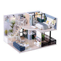 DIY บ้านตุ๊กตาเล็กชุด3D ไม้ Double-Decker Loft คู่มือประกอบของเล่น