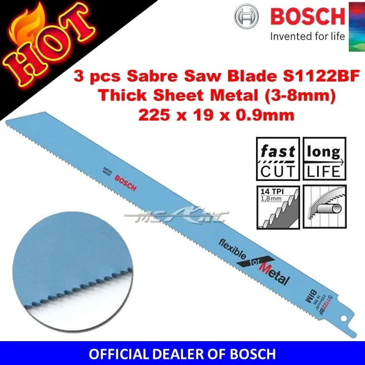 3 pcs Bosch Sabre Saw Blade S1122BF Thick Sheet Metal (38mm) 225 x 19