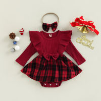 【Beautywoo】เด็กทารก Romper ชุดเดรสลายสก๊อตคอกลม Ruffles แขนยาว Bowknot กระโปรง Hem Jumpsuits พร้อมแถบคาดศีรษะ