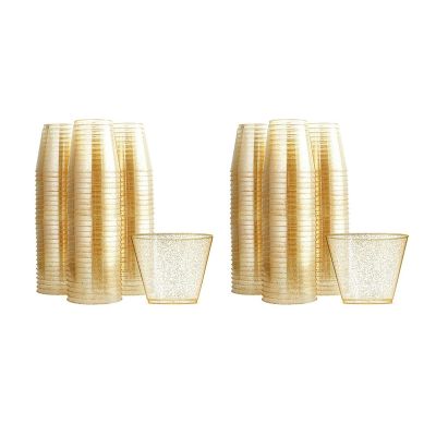 Gold Plastic Cups Clear Plastic Wine Glasses, Fancy Disposable Hard Plastic Cups with Gold Glitter for Party Cups