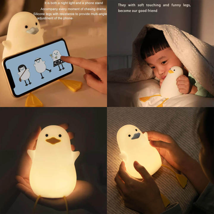 โคมไฟซิลิโคนรูปหลอดไฟ-led-กลางคืนเป็ดน่ารักไฟข้างเตียงเวลาเซ็นเซอร์-usb-แบบชาร์จไฟได้สำหรับห้องนอนของขวัญสำหรับเด็กๆ
