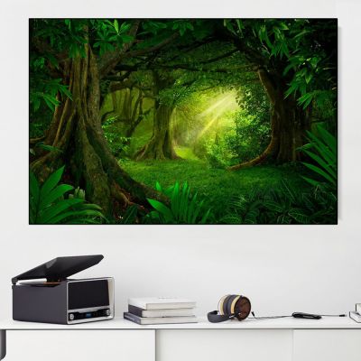 ภูมิทัศน์ป่าเขตร้อนป่าไม้สีเขียวแสงแดดผ้าใบวาดภาพภาพตกแต่งบ้านภาพวาดบนผืนผ้าใบและศิลปะบนผนัง