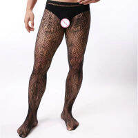 ถุงน่องยาวผู้ชาย Sissy Body ดูผ่าน Pantyhose Sheer ตาข่าย Hollow Out Fishnet Tights กางเกงยืดหยุ่นสูง Night Club Wear