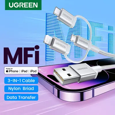 UGREEN สายชาร์จ สายชาร์จเร็ว 3-IN-1 Fast Charging Cord With Type-C Mirco USB Lightning Apple Cable MFi สำหรับ iPhone 14 13 Pro Max SAMSUNG S23 Huawei P50 Model:50203