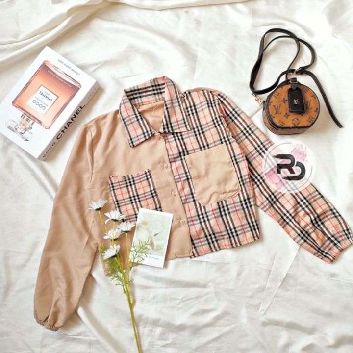 mika-crop-top-blouse-balloon-tartan-shirt-top-tartan-two-tone