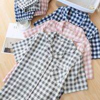 Summer Checked Couple Pajamas Spring Autumn Pure Cotton Gauze Half-Sleeved Trousers Womens Casual Homewear Suits