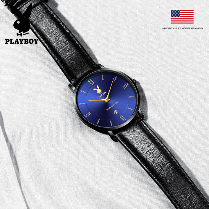 playboy-นาฬิกาข้อมือไอคอนแฟชั่นสำหรับผู้ชาย-แบรนด์อเมริกันสายหนังแท้กันน้ำนำเข้าหน้าปัดเรียบง่ายสไตล์ยุโรปและอเมริกา