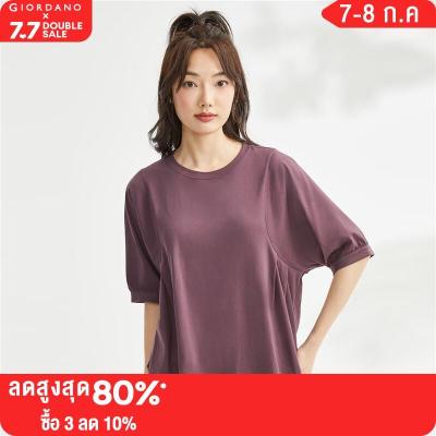 GIORDANO Women T-Shirts Pleated Puff Short Sleeve Summer Tee 100% Cotton Crewneck Solid Color Simple Casual Tshirts 13323308