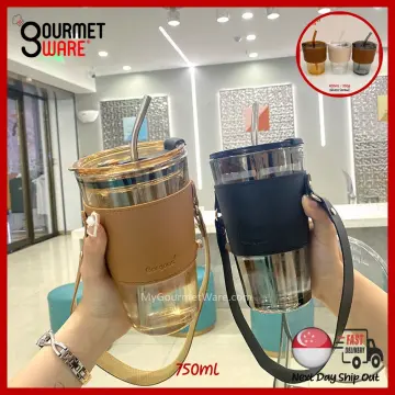 SG Stock] TikTok Glass Mug, Coffee Cup, Bubble Tea Milk Tea Tumbler with  Straw, Travel Mug with Leather