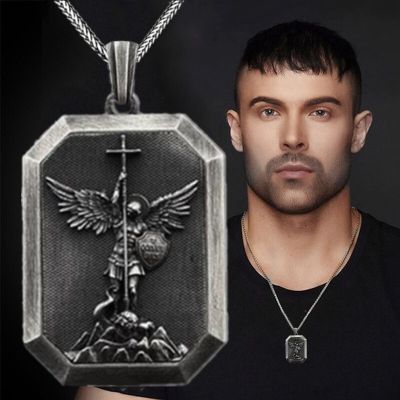 【CW】Fashion Stainless Steel St. Michael Angel Retro Necklace Hip Hop Necklace for Men Stainless Steel Jewelry Halloween Party Gift