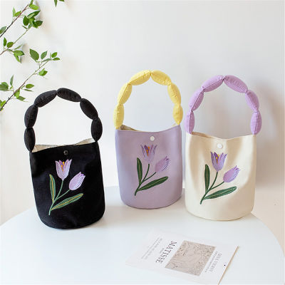 Simple Mini Lunch Bag Bucket Bag Purse Underarm Shoulder Bags Floral Cloth Canvas Shoulder Bags Bucket Bag
