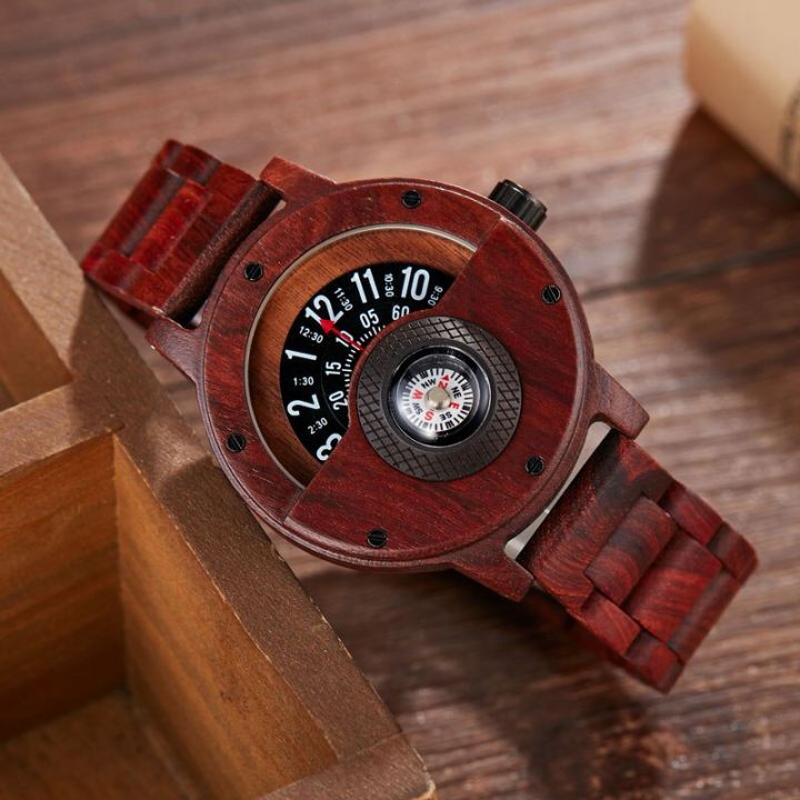 แป้นหมุนหมายเลขนาฬิกาข้อมือไม้หน้าปัดเข็มทิศที่ไม่ซ้ำใครแบบใหม่สายไม้สีน้ำตาลนาฬิกาข้อมือ-relogio-ไม้ธรรมชาติสุดสร้างสรรค์