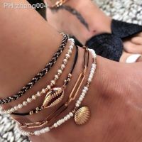 ZOSHI Multi Layered Gold Color Shell Pendant Ankle Chains Boho Pearl Beads Anklet for Women Summer Beach Foot Jewelry