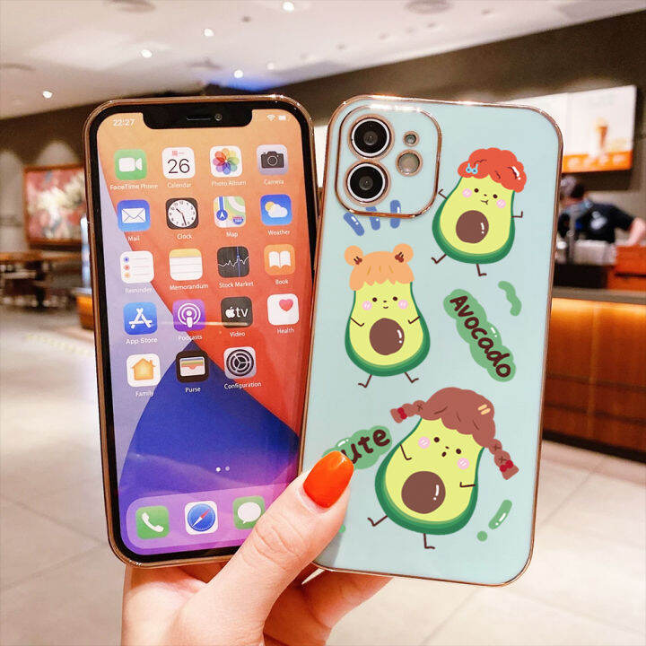 ggk-เคสเคสสำหรับ-apple-iphone-15-plus-15-pro-15-pro-max-ฟรีสายคล้องสุดสร้างสรรค์ลายอะโวคาโดผลไม้ขอบสี่เหลี่ยมชุบเคสโทรศัพท์เคสโทรศัพท์นิ่มสุดหรู