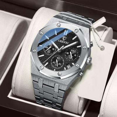 Chronograph Watches Men Silver Stainless Steel Waterproof Multi Function Calendar Brand CHENXI Business Casual Sport Male Watch