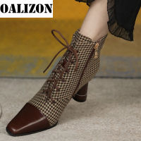 Mixed Colors Square Toe Ankle Lace Woman Boots Designer Faux Suede y Mid Heels Mujer Zapatos Spring Autumn New Femme Shoes