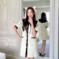 chuuchop_พร้อมส่ง(C8109)?? Oreo dress เดรสสั้นสีทูโทนครีมดำ แต่งกระดุมมุก