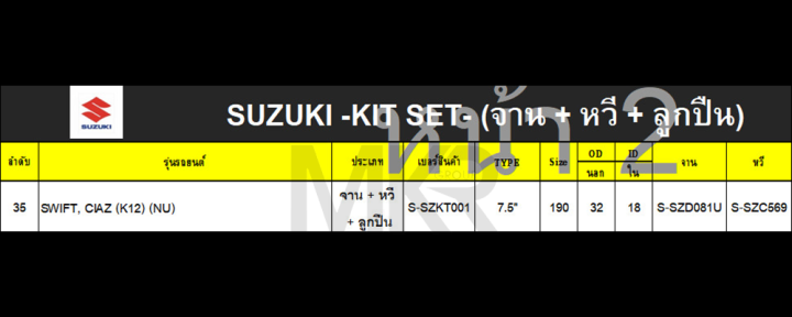 จานคลัทช์-หวีคลัทช์-ลูกปืนคลัทช์-suzuki-swift-ciaz-k12-ขนาด-7-5-นิ้ว-ยี่ห้อ-exedy