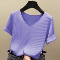 ✜ ♥knitted sweater♥Womens Ice Silk knitted Top/2022 New Style Trendy Fashion Short-Sleeved t-Shirt Korean Version Slim-Fit Half-Sleeved V-Neck Bottoming Shirt Top Women♥knitted vest plus size