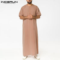 INCERUN Solid Color Men Muslim Islamic Kaftan Robes Short Sleeve O Neck Jubba Thobe Casual Dubai Saudi Arabia Abaya Men Clothes