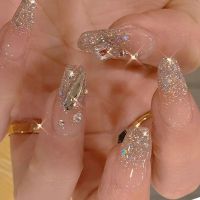 【COD】24pcs Long Ballerina French False Nails Black ผีเสื้อ Blue Glitter