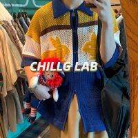 CHILLG LAB ท็อปส์ซูผู้ชายถักฤดูร้อนบางส่วนแขนสั้นแนวโน้มแฟชั่นการออกแบบเฉพาะอเมริกันย้อนยุคกลวงเสื้อหลวมไร้เดียงสารุ่นคู่