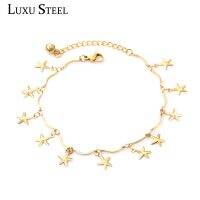 LUXUSTEEL Anklets สำหรับผู้หญิงอุปกรณ์เท้าสแตนเลสรูปดาว20ซม. 5ซม. สร้อยข้อมือปรับได้กำไลข้อเท้าบนขาหญิงหรูหรา