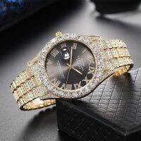 Rhinestone ปฏิทินเพชรเต็มรูปแบบพื้นผิวโรมันเข็มขัดนาฬิกาผู้ชาย Hip-Hop นาฬิกาผู้ชายแนวโน้มบุคลิกภาพ