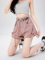 กางเกงขาสั้น pink curly hot pants summer high waist loose a-line denim shorts women