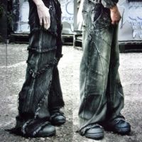 Y2K กางเกงยีนส์ฟอกสีดำผู้ชาย Celana Jeans Rumbai,กางเกงขาม้าทรงหลวมย้อนยุคเทรนด์สตรีทสไตล์โกธิค