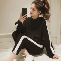 COD DSFGERRTYTRRE 2 Pcs/Set Korean Women Side Stripe Trousers Casual Long Sleeve Hoodies Set Loose Sports Suit