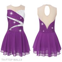 2023FTOP MALL9 เด็กหญิงสเก็ตลีลาชุดเต้นรำบัลเล่ต์ยิมนาสติก Leotard แขนกุด Rhinestone ตาข่าย Splice Dancewear เครื่องแต่งกาย