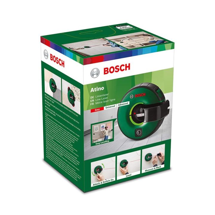 bosch-atino-เครื่องทำระดับเลเซอร์ลายเส้นปรับระดับด้วยเลเซอร์ขอบข่ายการทำงาน1-5เมตรปรับระดับได้ทั้งแนวนอนและแนวตั้งเทปวัดบ้าน