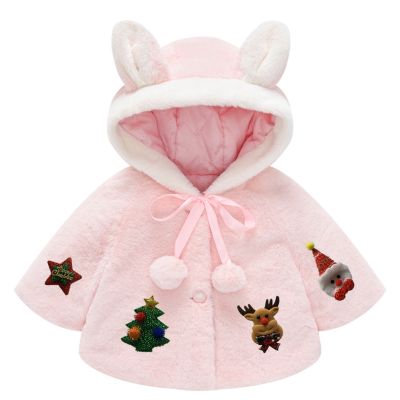 （Good baby store） Infant Jacket Girl Toddler Kids Girls Rabbit Ears Christmas Cartoon Prints Outwear Warm Hooded Coat Girls Size Small Winter Coat