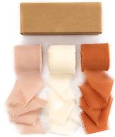 Handmade Silk Chiffon Wedding Ribbons Frayed Edges with Wooden Spool Invitation Bouquet Gift Wrapping Sheer Fringe Tape Flatlay