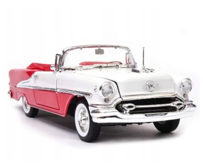 โมเดลรถโบราณ WELLY  ปี 1955 OLDSMOBILE SUPER 88 RED DIECAST-MINIATURE  อัตราส่วน  1:24 จำลองเหมือนจริง วัสดุโลหะ - สโต๊คซ้ายและขวาเล่นได้