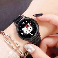 Black Round Dial Hello Graphic Anaog Watch with Magnetic Straps for Women