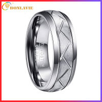 BONLAVIE 8mm Mens Domed Diagonal Grooves 100% Real Tungsten Carbide Rings Silver Grey Brushed Wedding Band Comfort Fit Size 7-12