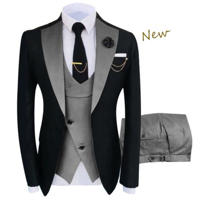 2023 มาใหม่ Terno Masculino Slim Fit Blazers Ball And Groom Suits For Men Boutique Fashion Wedding (แจ็คเก็ต + เสื้อกั๊ก + กางเกง)★