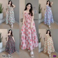 SS18032 เดรสสายเดี่ยวยาว ลายเชอร์รี่ Long one-shoulder dress with cherry pattern