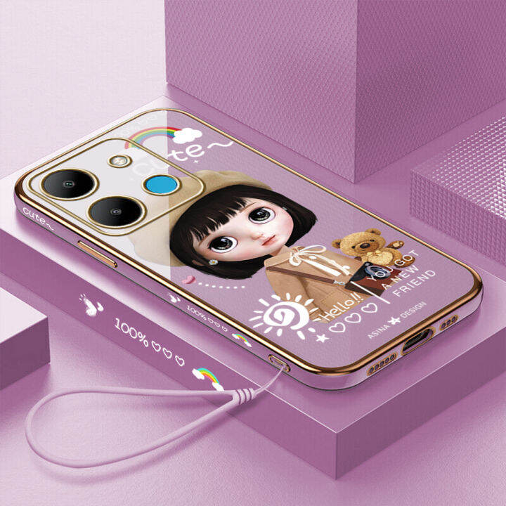 คลังสินค้าพร้อม-เคสเคสมือถือสำหรับ-infinix-smart-7-x6515พร้อมฟรีสายคล้อง-การ์ตูนสาวน่ารักขอบสี่เหลี่ยมชุบเคลือบเคสนิ่มฝาหลัง