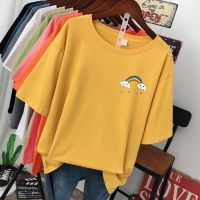 COD DSFERTRETRE 【40-150kg/Pure Cotton】Rainbow Printed Plus Size Cotton Tee For Women Oversized Womens Cotton Tshirts Casual Round Neck Short Sleeves Big Size Patterned T-shirt Loose Fit Maternity Cotton Tops Pregnant Women Tee