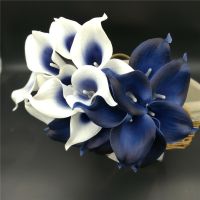 【LZ】❣▥  10 azuis marinhos calla lírios pu verdadeiro toque flores decoração do casamento buquês centrais falso flores artificiais decoração para casa