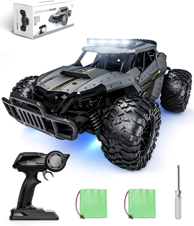 tecnock-rc-car-1-16-scale-remote-control-car-for-boys-high-speed-25-km-h-all-terrains-rc-monster-truck-with-two-rechargeable-batteries-amp-head-chassis-lights-gift-toy-for-kids-adults-grey