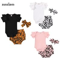 3 PCS Baby Summer Clothing Girls Clothes Solid Color Short Sleeve Knitted Romper Tops Leopard Print Shorts Headband Sets  by Hs2023