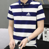 Adidas เสื้อโปโลลายทางผู้ชาย,เสื้อยืดคอปกผ้าฝ้ายแท้แขนสั้นเสื้อยืดธุรกิจ