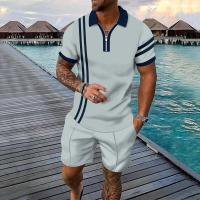 Mens Polo Shirt Sets 2023 New Stripes Short Sleeve Shirt&amp;Shorts Suit 2 Piece Casual Tracksuit Zipper Lapel T Shirt Tops Summer