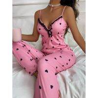 Women Pajamas Sets Love Heart Pyjamas Strap Pijamas Female Home Clothes Sleepwear pjs Sleeveless Top Pants Homewer Nightwear