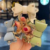 lujie Cute Women Leather Bow Keychain Luxury Design Bowknot Gold Rhinestone Metal Ring Leather Bow For Keychain Key Ring Accessories